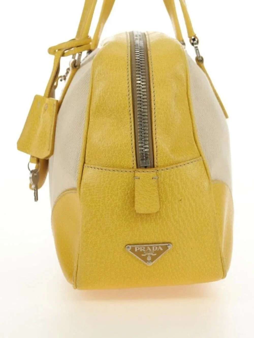 PRADA Hand Bag Canvas Leather Beige Yellow Silver Auth